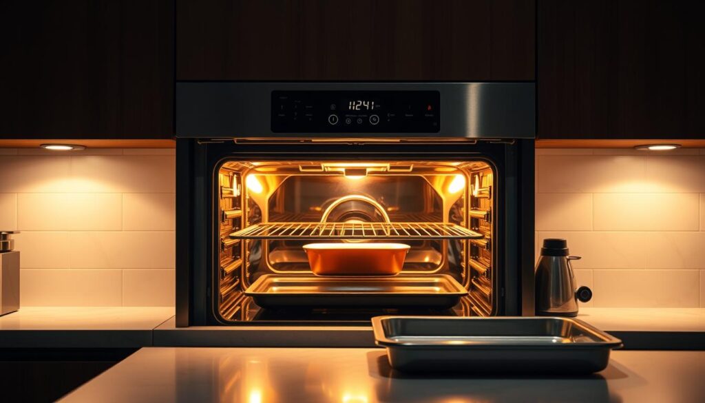 A modern kitchen counter, dimly lit by warm overhead lighting, casting soft shadows. In the center, an open oven door reveals its glowing, preheated interior, ready to receive a freshly prepared dish. The oven controls are clearly visible, their digital display indicating the precise temperature. Beside the oven, a stainless steel baking tray waits patiently, its gleaming surface reflecting the kitchen's ambiance. The scene conveys a sense of anticipation and preparation, setting the stage for a delicious, home-cooked meal. Meatloaf Dinner