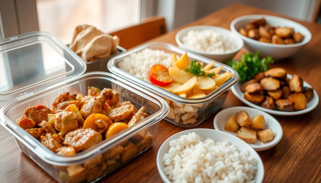 A neatly arranged display of various leftover dishes, including a container of savory chicken and vegetables, a bowl of rice, and a small plate of roasted potatoes. The items are placed on a wooden table, with warm lighting from a nearby window casting a soft, inviting glow. The scene conveys a sense of efficiency and resourcefulness, with the leftovers ready to be easily reheated and enjoyed as part of a thoughtful meal prep routine. Chicken Breast Dinner