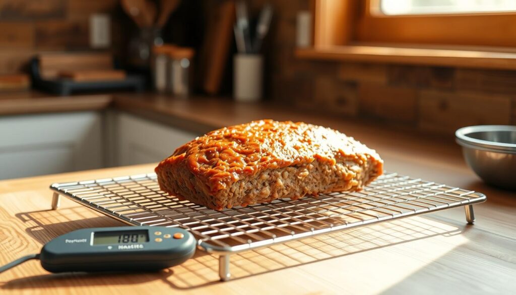 A neatly arranged kitchen counter with a freshly baked meatloaf resting on a wire cooling rack. The meatloaf is golden brown, its perfect internal temperature visible on a digital meat thermometer placed beside it. Soft natural lighting filters through a window, casting a warm glow on the scene. The background is blurred, placing the focus on the meatloaf and the baking process. Textured wooden surfaces, a few cooking utensils, and a clean, organized appearance create a welcoming, homey atmosphere, conveying the comfort and satisfaction of a successful meatloaf baking session. Meatloaf Dinner