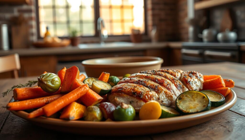 A side dish of roasted seasonal vegetables, arranged artfully on a rustic wooden table. Soft, diffused lighting from a large window casts a warm glow, highlighting the vibrant colors and textures. In the foreground, a variety of fresh, locally-sourced produce - carrots, brussels sprouts, sweet potatoes, and zucchini - expertly seasoned and roasted to perfection. The middle ground features a simple ceramic serving dish, its earthy tones complementing the natural hues of the vegetables. The background suggests a cozy, inviting kitchen, with hints of exposed brick and natural wood accents. This side dish exudes a sense of homemade comfort and culinary craftsmanship, perfectly complementing the juicy, succulent chicken breast at the heart of the meal. Chicken Breast Dinner