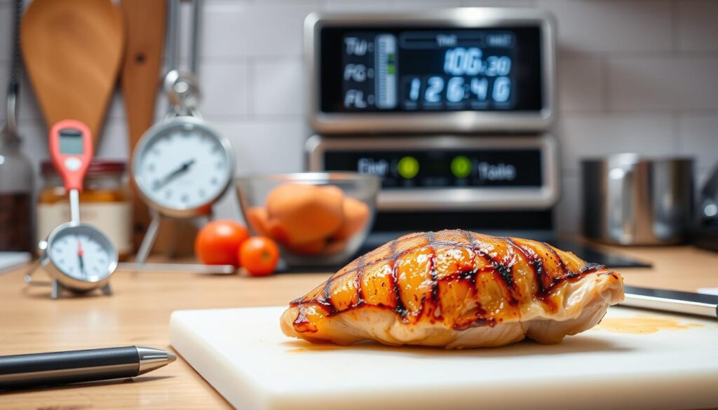A well-lit kitchen counter showcases a variety of cooking utensils and ingredients - a meat thermometer, a timer, and a digital kitchen scale. In the foreground, a perfectly seared chicken breast sits on a cutting board, its golden-brown exterior glistening. The middle ground features a digital oven display, temperature markings, and a clock, all working together to convey the critical time and temperature cues for achieving the perfect chicken doneness. The background is softly blurred, allowing the viewer to focus on the key visual elements that illustrate the section's theme. The overall mood is one of precision, control, and culinary expertise. Chicken Breast Dinner