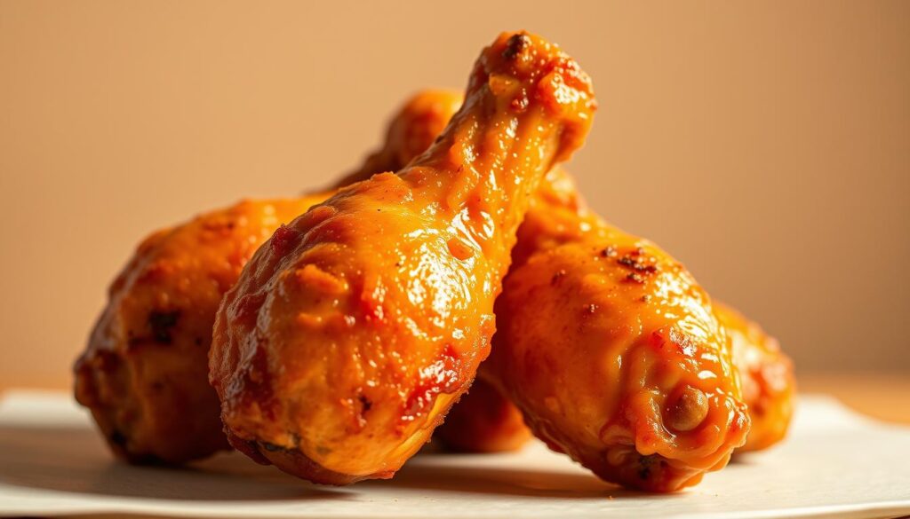 Juicy air fryer chicken drumsticks, golden-brown and crispy on the outside, with a succulent, tender interior. Backlit by warm, directional lighting, casting a soft glow on the glistening, seasoned skin. Photographed at a low angle to highlight the appetizing, three-dimensional texture. Clean, minimalist background, allowing the main subject to take center stage. Depth of field blurs the background, keeping the focus on the perfectly cooked, mouth-watering drumsticks. Chicken Drumstick Dinner