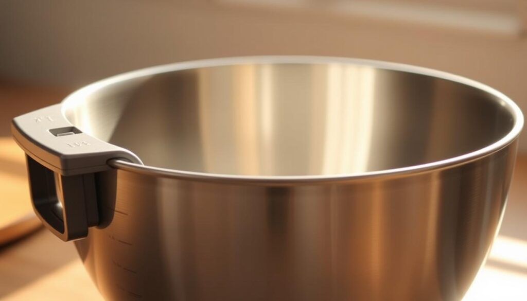 A modern, sleek mixing bowl with innovative features, bathed in warm, natural lighting. The bowl has a sturdy, ergonomic handle design and a carefully angled spout for easy pouring. Crisp measurement markings are etched along the interior, providing precise volume guidance. The bowl's smooth, stainless steel surface reflects the soft illumination, giving it an elegant, professional appearance. The overall composition emphasizes the bowl's practical utility and premium quality, creating an inviting, kitchen-ready atmosphere. A modern, sleek mixing bowl with innovative features, bathed in warm, natural lighting. The bowl has a sturdy, ergonomic handle design and a carefully angled spout for easy pouring. Crisp measurement markings are etched along the interior, providing precise volume guidance. The bowl's smooth, stainless steel surface reflects the soft illumination, giving it an elegant, professional appearance. The overall composition emphasizes the bowl's practical utility and premium quality, creating an inviting, kitchen-ready atmosphere.