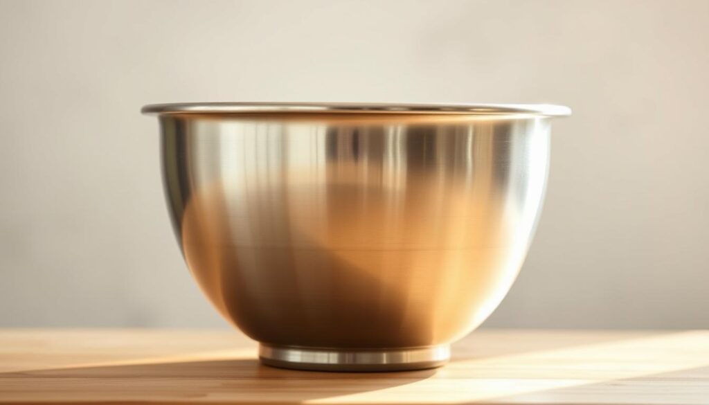 A stainless steel mixing bowl, its gleaming surface reflecting the warm glow of natural light. The bowl stands atop a clean, minimalist wooden surface, with a soft, diffused light illuminating the scene. The bowl's thick, durable walls convey a sense of sturdy construction, while its polished finish suggests ease of cleaning and maintenance. In the background, a subtle texture or pattern hints at the high-quality materials and thoughtful design that make this bowl a professional-grade kitchen essential. A stainless steel mixing bowl, its gleaming surface reflecting the warm glow of natural light. The bowl stands atop a clean, minimalist wooden surface, with a soft, diffused light illuminating the scene. The bowl's thick, durable walls convey a sense of sturdy construction, while its polished finish suggests ease of cleaning and maintenance. In the background, a subtle texture or pattern hints at the high-quality materials and thoughtful design that make this bowl a professional-grade kitchen essential.