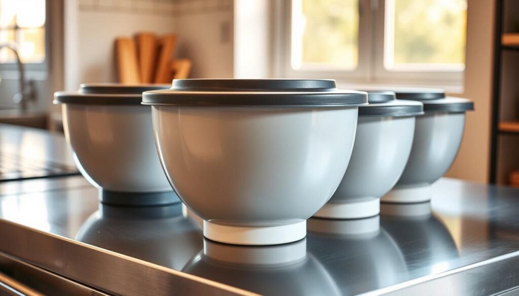 A sturdy set of mixing bowls with non-slip bases and secure lids sits on a gleaming stainless steel countertop, bathed in warm, natural light. The bowls, varying in size, are made of durable, easy-to-clean materials, their lids creating a tight seal to prevent spills and maintain freshness. The scene exudes a sense of order and functionality, perfectly capturing the benefits of this essential kitchen equipment for any passionate cook or baker. A sturdy set of mixing bowls with non-slip bases and secure lids sits on a gleaming stainless steel countertop, bathed in warm, natural light. The bowls, varying in size, are made of durable, easy-to-clean materials, their lids creating a tight seal to prevent spills and maintain freshness. The scene exudes a sense of order and functionality, perfectly capturing the benefits of this essential kitchen equipment for any passionate cook or baker.