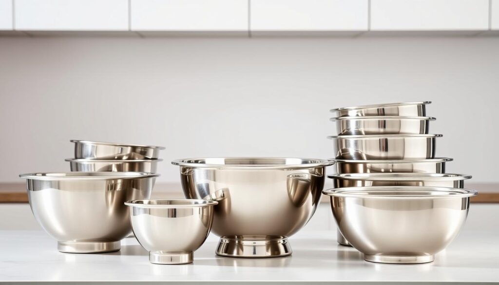 A well-lit studio setting showcasing a variety of high-quality stainless steel mixing bowl sets in various sizes, placed on a sleek, modern countertop. The bowls are arranged in a visually appealing composition, highlighting their durable construction, smooth finishes, and nested design for efficient storage. Soft shadows and highlights accentuate the bowls' reflective surfaces, conveying a sense of premium quality and functionality. The overall scene exudes a sense of culinary professionalism and attention to detail, perfectly capturing the essence of the "Top Mixing Bowl Options for Every Chef" section. A well-lit studio setting showcasing a variety of high-quality stainless steel mixing bowl sets in various sizes, placed on a sleek, modern countertop. The bowls are arranged in a visually appealing composition, highlighting their durable construction, smooth finishes, and nested design for efficient storage. Soft shadows and highlights accentuate the bowls' reflective surfaces, conveying a sense of premium quality and functionality. The overall scene exudes a sense of culinary professionalism and attention to detail, perfectly capturing the essence of the "Top Mixing Bowl Options for Every Chef" section.
